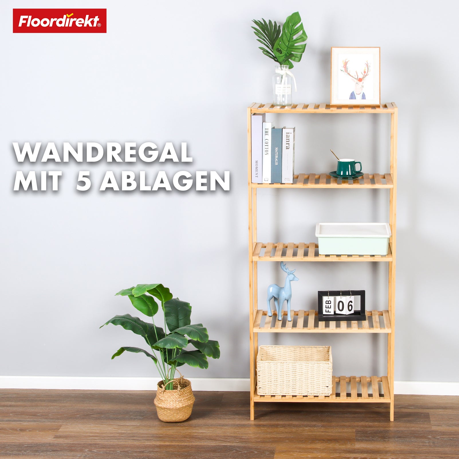 Bamboo standing shelf | Ohio | Space-saving wooden shelf with 4 shelves | Ideal for bathroom, bedroom and living room