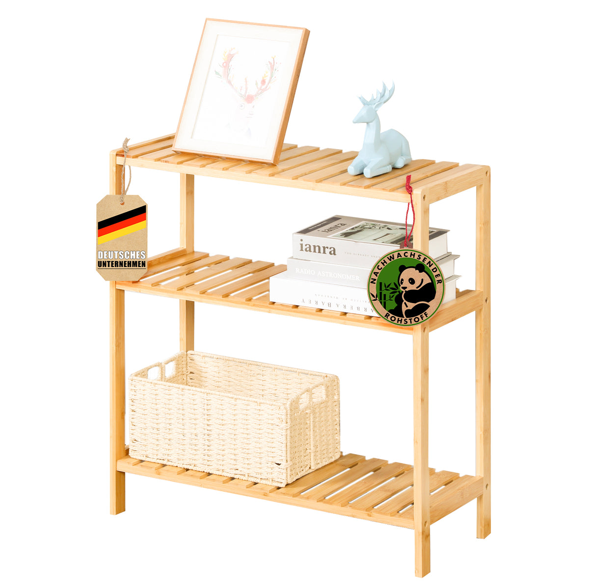 Bamboo standing shelf | Kansas | Elegant and space-saving wooden shelf with 3 shelves for stylish storage