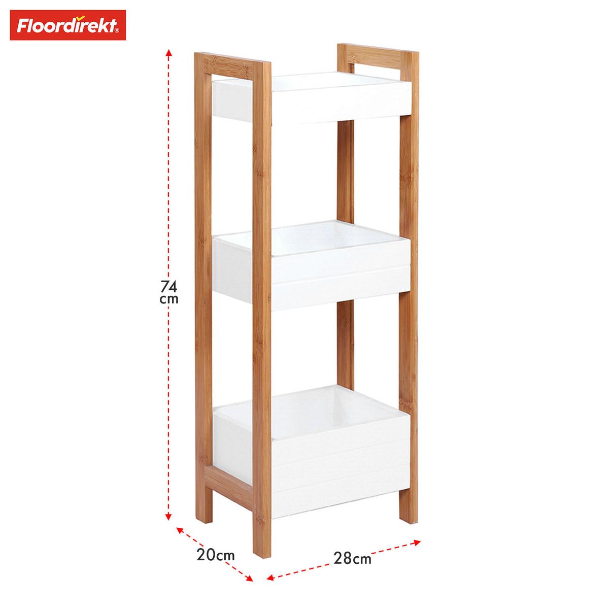 Bamboo bathroom shelf | Texas | 3-tier shelf with white design and bamboo legs