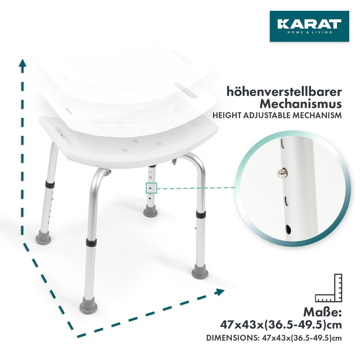 Shower and bath stool Noah Plus | Height-adjustable | Non-slip rubber feet | Load capacity up to 136 kg