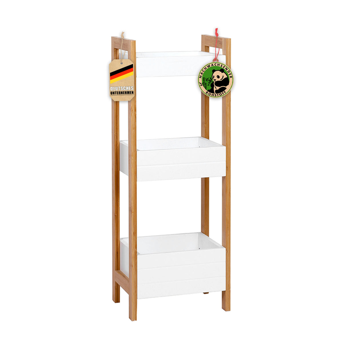 Bamboo bathroom shelf | Texas | 3-tier shelf with white design and bamboo legs